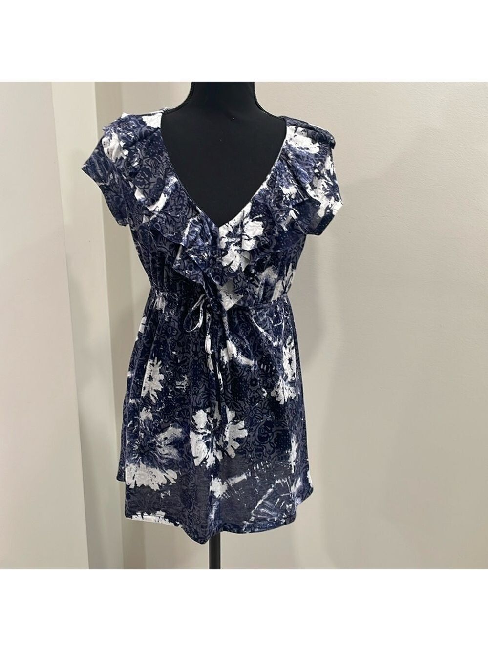 INC International Concepts Blue White Grey Empire Drawstring Tunic Top size S